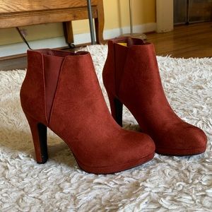 maroon ankle heeled boot